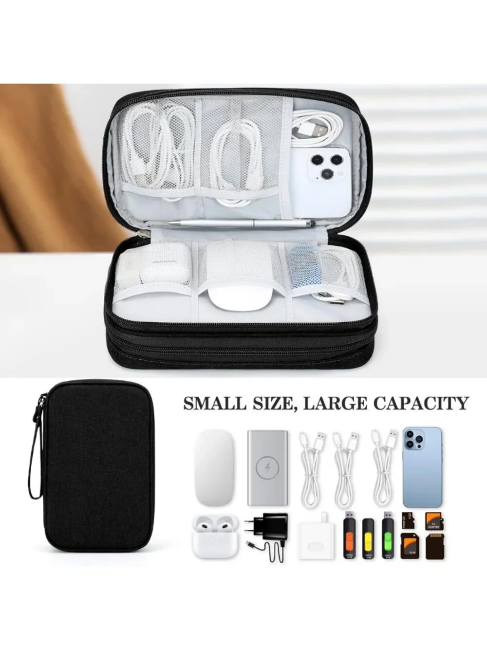 Large Waterproof Travel Cable Organizer Bag - Portable Double Layer Pouch for